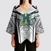 Custom Hawaii Warriors Football Kimono Sleeve Blouse Rainbow Kakau Pattern White LT05 - Polynesian Pride