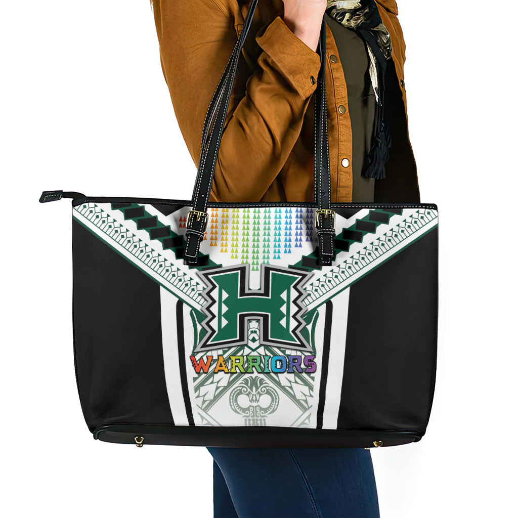 Hawaii Warriors Football Leather Tote Bag Rainbow Kakau Pattern White LT05 - Polynesian Pride