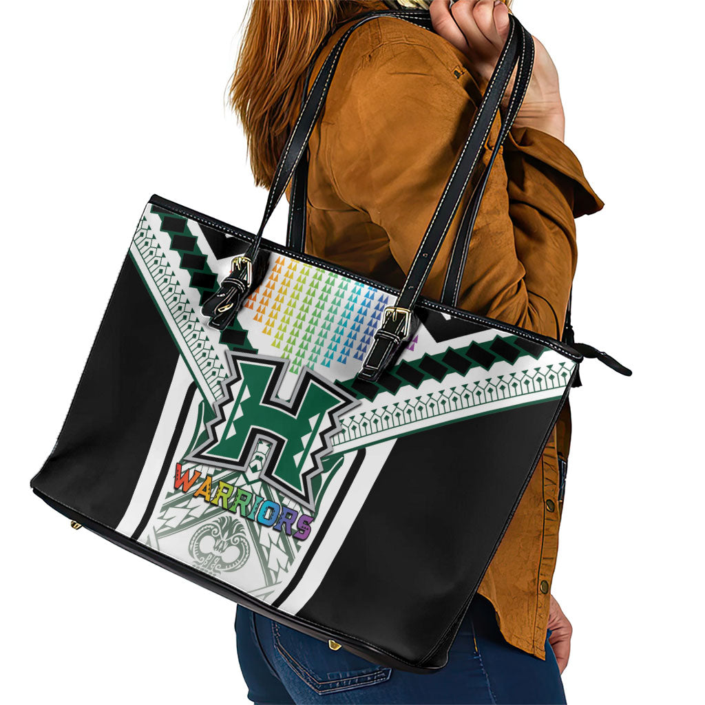 Hawaii Warriors Football Leather Tote Bag Rainbow Kakau Pattern White LT05 - Polynesian Pride