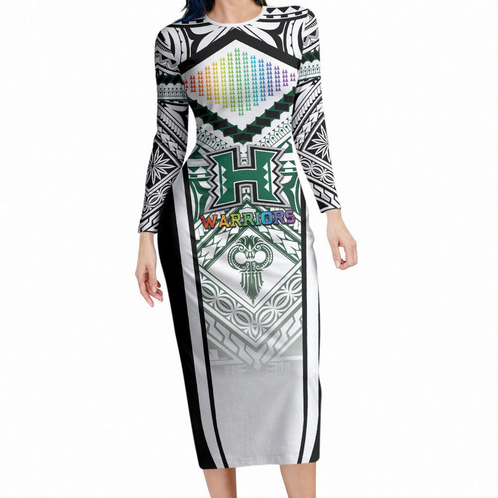 Custom Hawaii Warriors Football Long Sleeve Bodycon Dress Rainbow Kakau Pattern White LT05 Long Dress White - Polynesian Pride