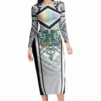 Custom Hawaii Warriors Football Long Sleeve Bodycon Dress Rainbow Kakau Pattern White LT05 Long Dress White - Polynesian Pride
