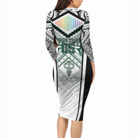 Custom Hawaii Warriors Football Long Sleeve Bodycon Dress Rainbow Kakau Pattern White LT05 - Polynesian Pride