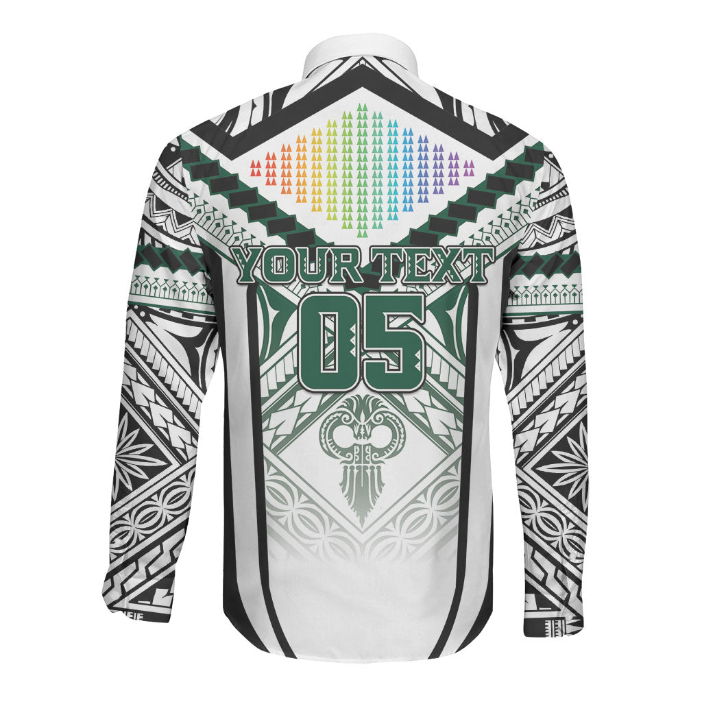 Custom Hawaii Warriors Football Long Sleeve Button Shirt Rainbow Kakau Pattern White LT05 - Polynesian Pride