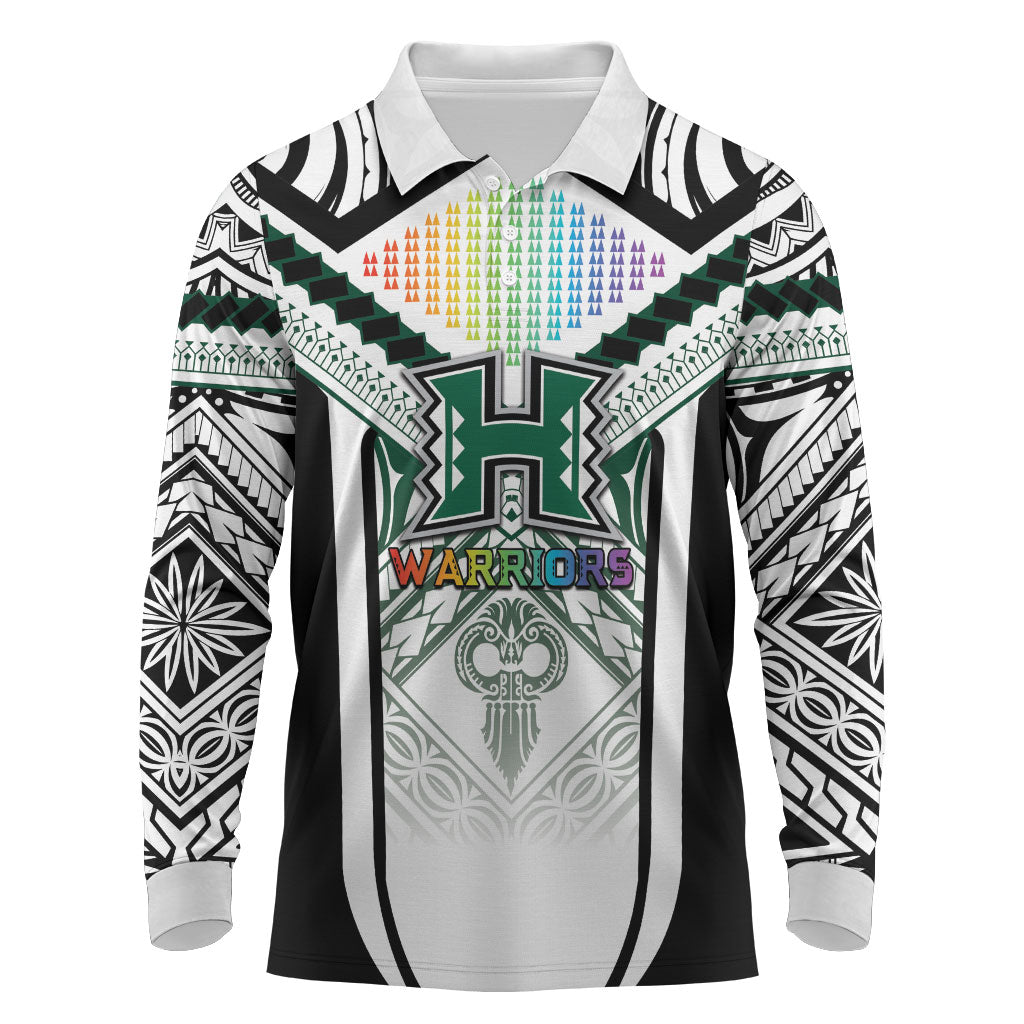 Custom Hawaii Warriors Football Long Sleeve Polo Shirt Rainbow Kakau Pattern White LT05 White - Polynesian Pride