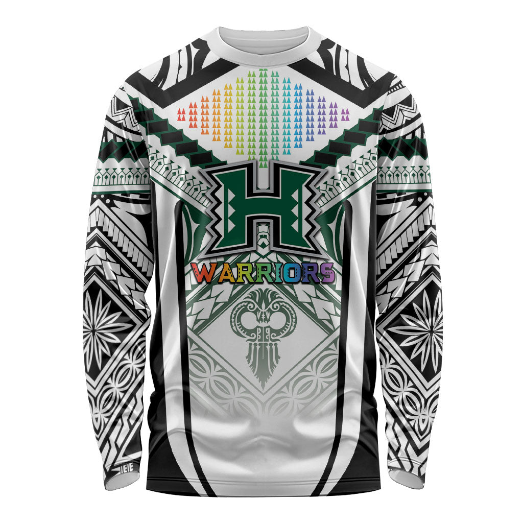 Custom Hawaii Warriors Football Long Sleeve Shirt Rainbow Kakau Pattern White LT05 Unisex White - Polynesian Pride