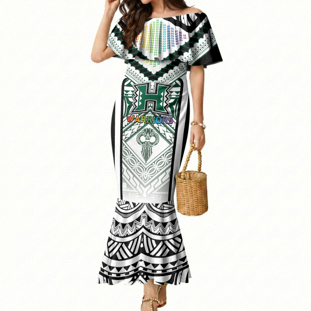 Custom Hawaii Warriors Football Mermaid Dress Rainbow Kakau Pattern White LT05 Women White - Polynesian Pride