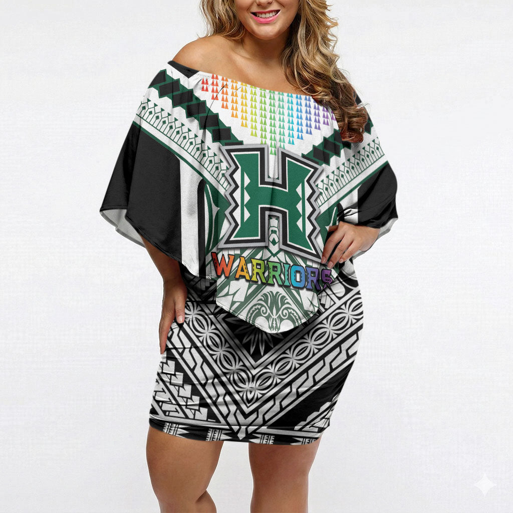 Custom Hawaii Warriors Football Off Shoulder Short Dress Rainbow Kakau Pattern White LT05 Women White - Polynesian Pride