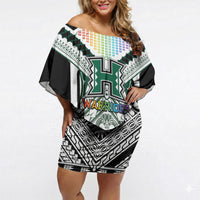 Custom Hawaii Warriors Football Off Shoulder Short Dress Rainbow Kakau Pattern White LT05 Women White - Polynesian Pride