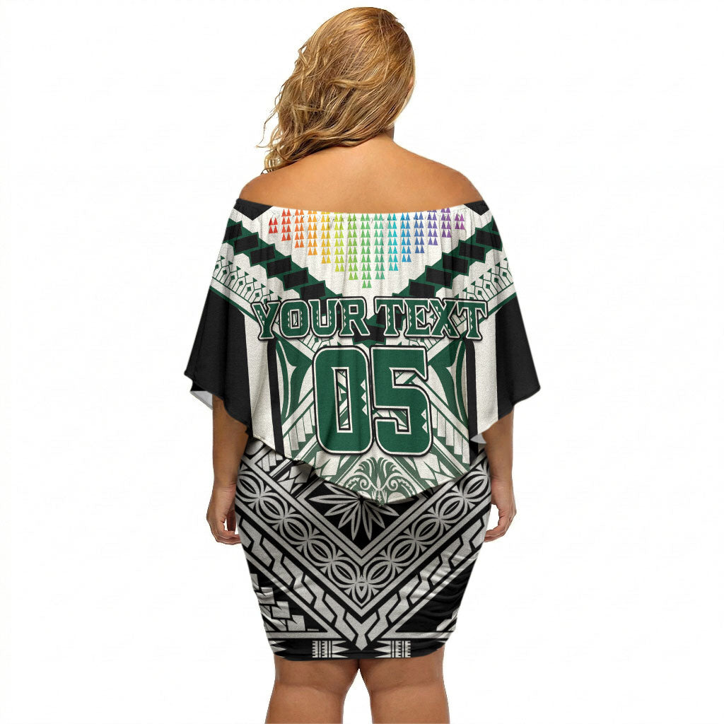 Custom Hawaii Warriors Football Off Shoulder Short Dress Rainbow Kakau Pattern White LT05 - Polynesian Pride