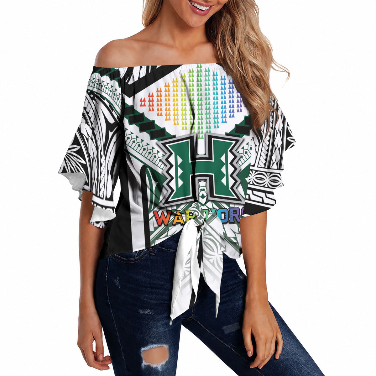 Custom Hawaii Warriors Football Off Shoulder Wrap Waist Top Rainbow Kakau Pattern White LT05 White - Polynesian Pride