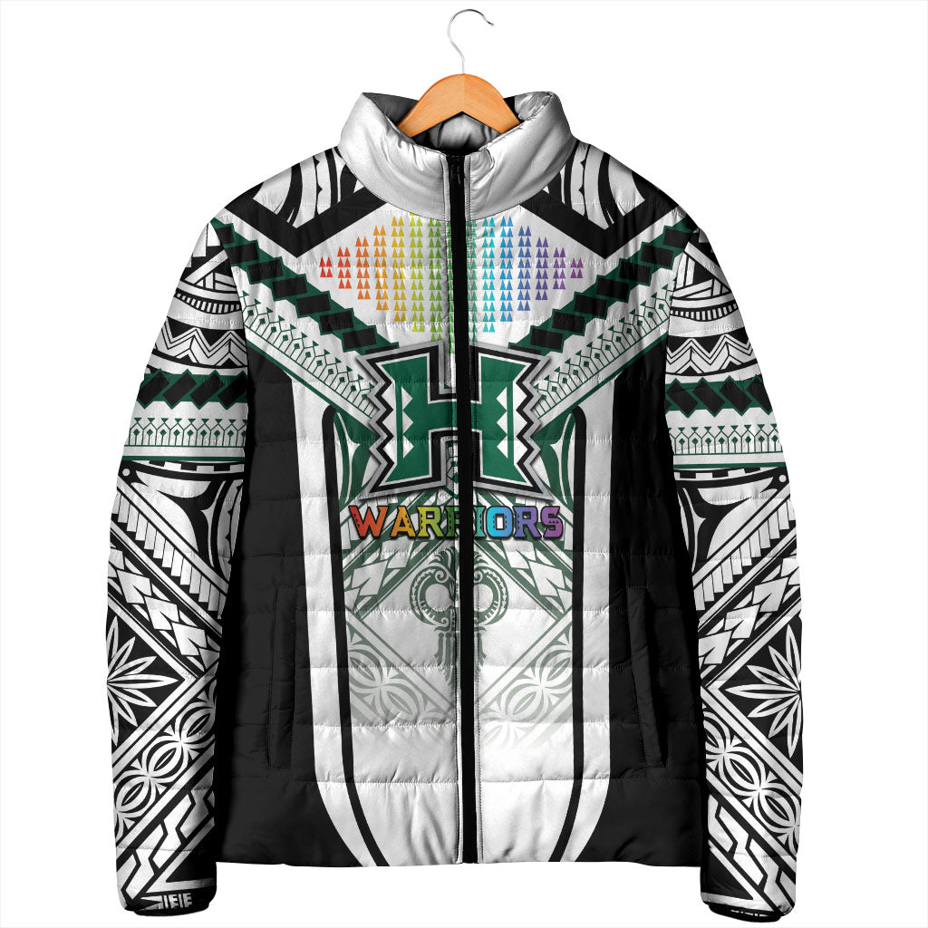Custom Hawaii Warriors Football Padded Jacket Rainbow Kakau Pattern White LT05 - Polynesian Pride