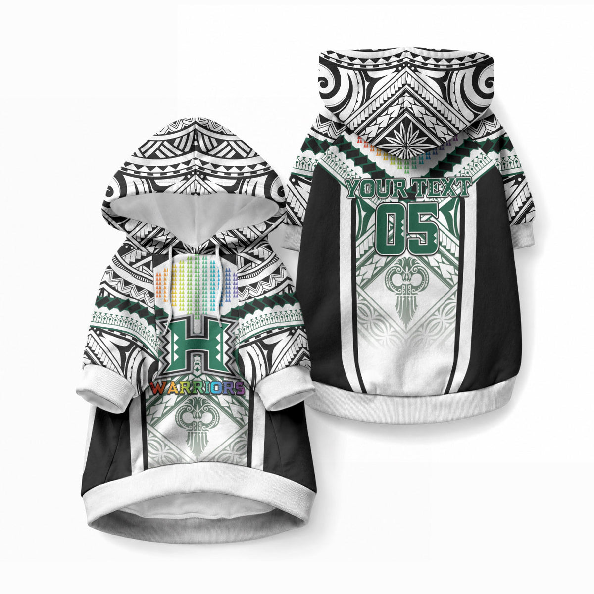 Custom Hawaii Warriors Football Pet Hoodie Rainbow Kakau Pattern White LT05 Pullover White - Polynesian Pride