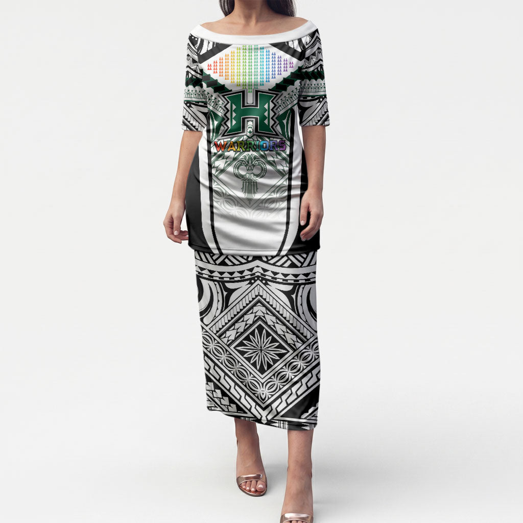 Custom Hawaii Warriors Football Puletasi Rainbow Kakau Pattern White LT05 Long Dress White - Polynesian Pride