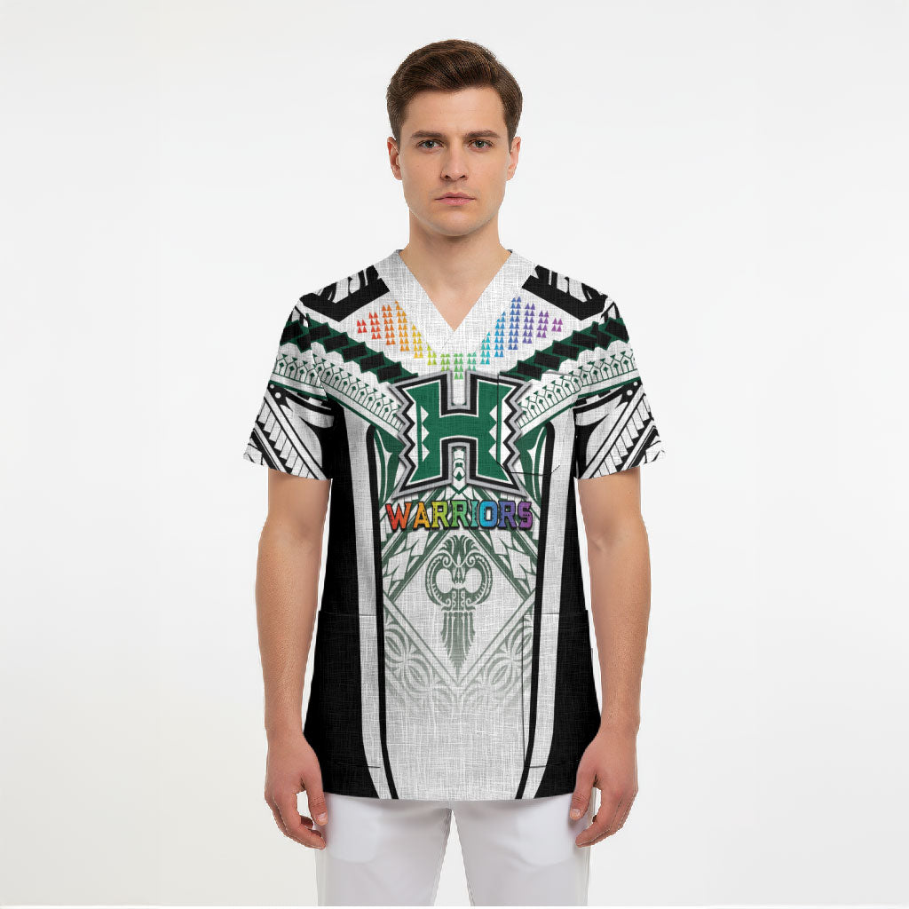Custom Hawaii Warriors Football Scrub Top Rainbow Kakau Pattern White LT05 - Polynesian Pride