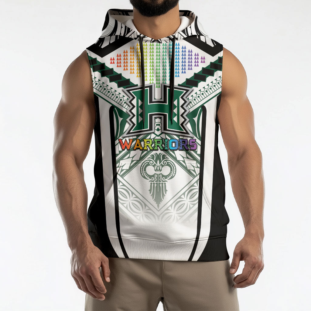 Custom Hawaii Warriors Football Sleeveless Hoodie Rainbow Kakau Pattern White LT05 - Polynesian Pride
