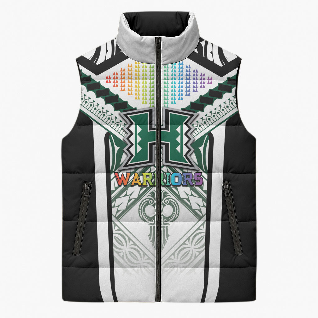 Custom Hawaii Warriors Football Sleeveless Puffer Jacket Rainbow Kakau Pattern White LT05 Unisex White - Polynesian Pride