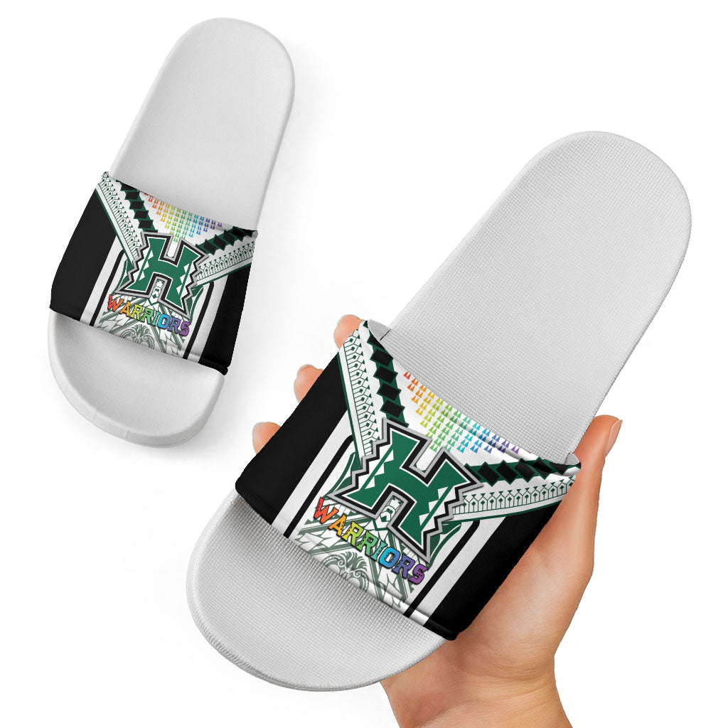 Hawaii Warriors Football Slide Sandals Rainbow Kakau Pattern White LT05 - Polynesian Pride