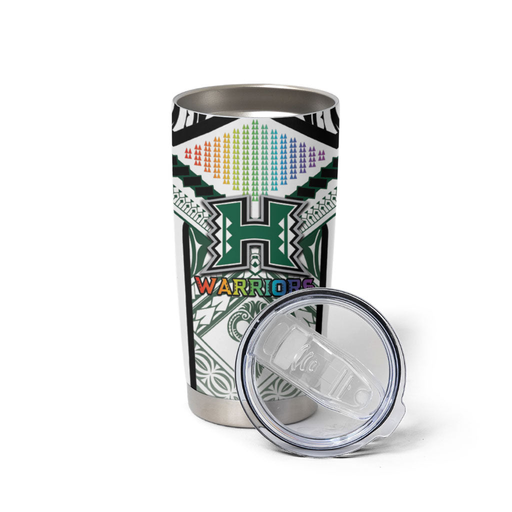 Custom Hawaii Warriors Football Tumbler Cup Rainbow Kakau Pattern White LT05 - Polynesian Pride