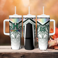 Custom Hawaii Warriors Football Tumbler With Handle Rainbow Kakau Pattern White LT05 - Polynesian Pride