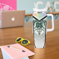 Custom Hawaii Warriors Football Tumbler With Handle Rainbow Kakau Pattern White LT05 - Polynesian Pride