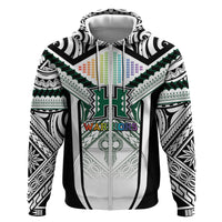 Custom Hawaii Warriors Football Zip Hoodie Rainbow Kakau Pattern White LT05 Zip Hoodie White - Polynesian Pride