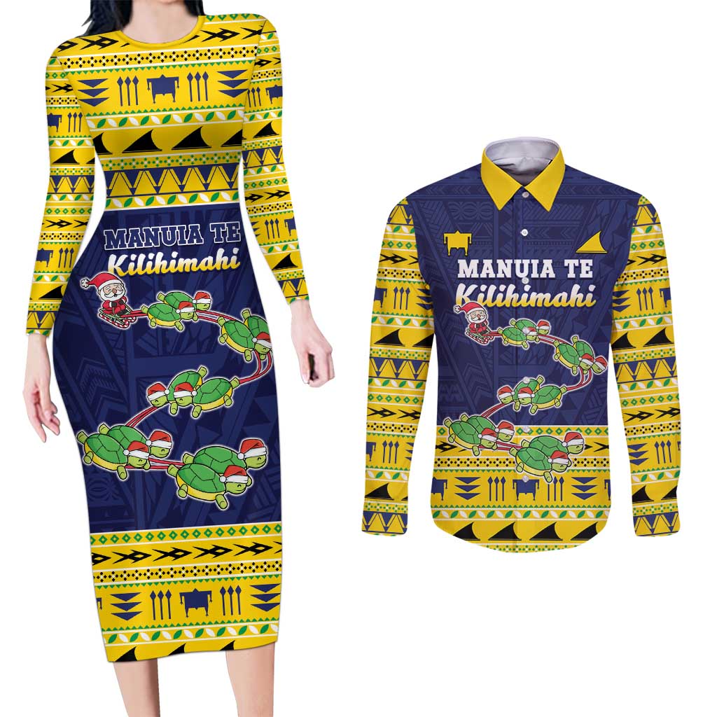 Tokelau Christmas Couples Matching Long Sleeve Bodycon Dress and Long Sleeve Button Shirt Tokelauan Turtle Santa Sleigh LT05 Yellow - Polynesian Pride