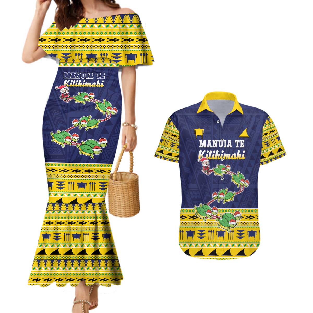 Tokelau Christmas Couples Matching Mermaid Dress and Hawaiian Shirt Tokelauan Turtle Santa Sleigh LT05 Yellow - Polynesian Pride
