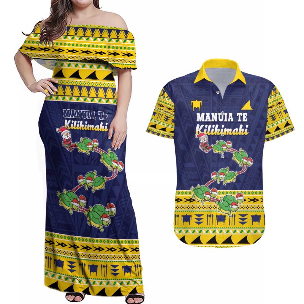 Tokelau Christmas Couples Matching Off Shoulder Maxi Dress and Hawaiian Shirt Tokelauan Turtle Santa Sleigh LT05 Yellow - Polynesian Pride