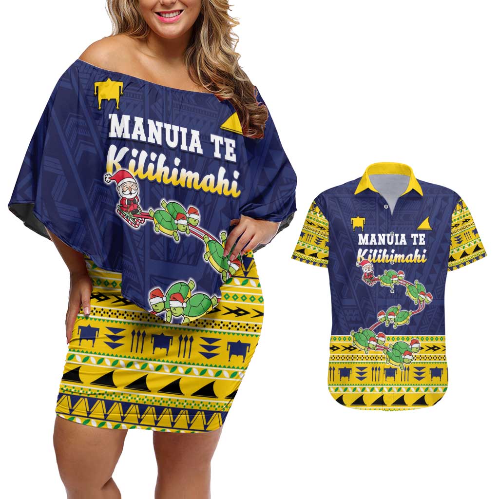 Tokelau Christmas Couples Matching Off Shoulder Short Dress and Hawaiian Shirt Tokelauan Turtle Santa Sleigh LT05 Yellow - Polynesian Pride