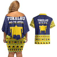 Tokelau Christmas Couples Matching Off Shoulder Short Dress and Hawaiian Shirt Tokelauan Turtle Santa Sleigh LT05 - Polynesian Pride
