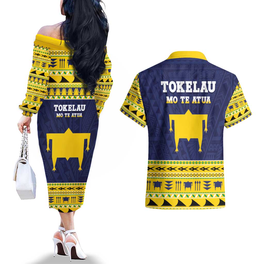 Tokelau Christmas Couples Matching Off The Shoulder Long Sleeve Dress and Hawaiian Shirt Tokelauan Turtle Santa Sleigh LT05 - Polynesian Pride