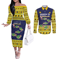 Tokelau Christmas Couples Matching Off The Shoulder Long Sleeve Dress and Long Sleeve Button Shirt Tokelauan Turtle Santa Sleigh LT05 Yellow - Polynesian Pride