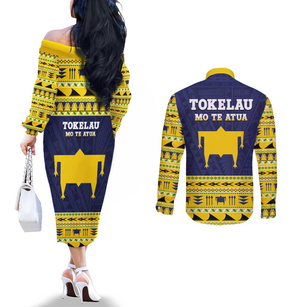 Tokelau Christmas Couples Matching Off The Shoulder Long Sleeve Dress and Long Sleeve Button Shirt Tokelauan Turtle Santa Sleigh LT05 - Polynesian Pride