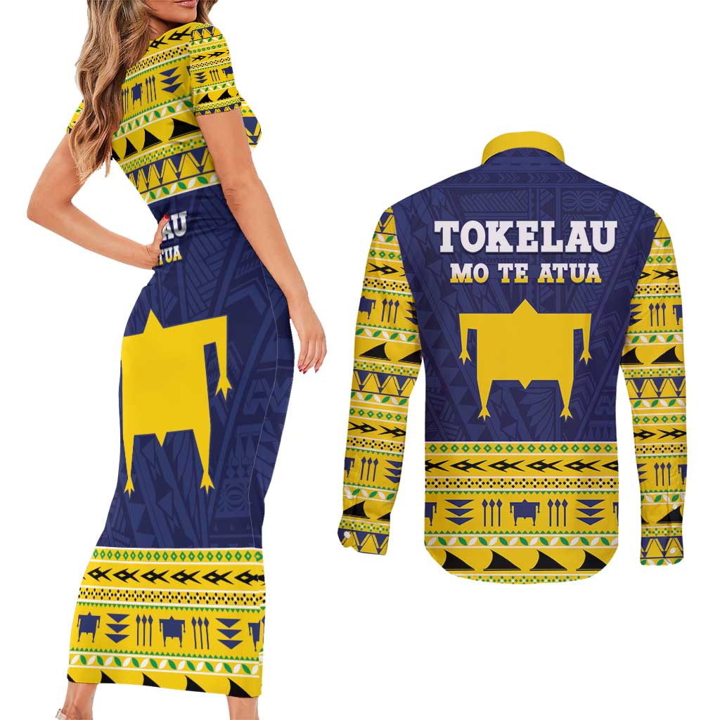 Tokelau Christmas Couples Matching Short Sleeve Bodycon Dress and Long Sleeve Button Shirt Tokelauan Turtle Santa Sleigh LT05 - Polynesian Pride