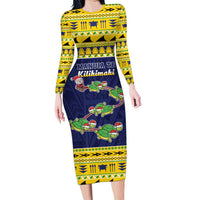Tokelau Christmas Family Matching Long Sleeve Bodycon Dress and Hawaiian Shirt Tokelauan Turtle Santa Sleigh LT05 Mom's Dress Yellow - Polynesian Pride