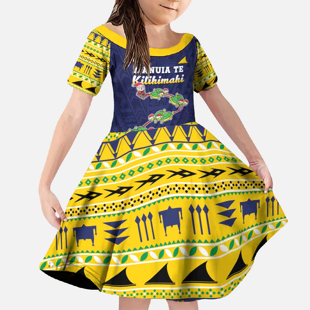 Tokelau Christmas Family Matching Mermaid Dress and Hawaiian Shirt Tokelauan Turtle Santa Sleigh LT05 Daughter's Dress Yellow - Polynesian Pride