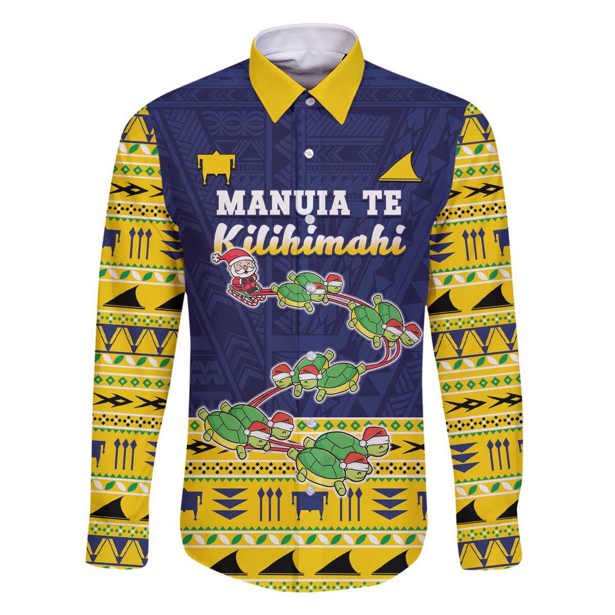 Tokelau Christmas Family Matching Off The Shoulder Long Sleeve Dress and Hawaiian Shirt Tokelauan Turtle Santa Sleigh LT05 Dad's Shirt - Long Sleeve Yellow - Polynesian Pride