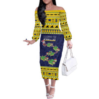 Tokelau Christmas Family Matching Off The Shoulder Long Sleeve Dress and Hawaiian Shirt Tokelauan Turtle Santa Sleigh LT05 Mom's Dress Yellow - Polynesian Pride