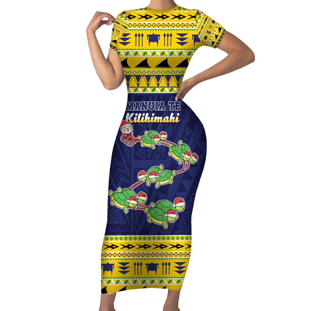 Tokelau Christmas Family Matching Short Sleeve Bodycon Dress and Hawaiian Shirt Tokelauan Turtle Santa Sleigh LT05 Mom's Dress Yellow - Polynesian Pride