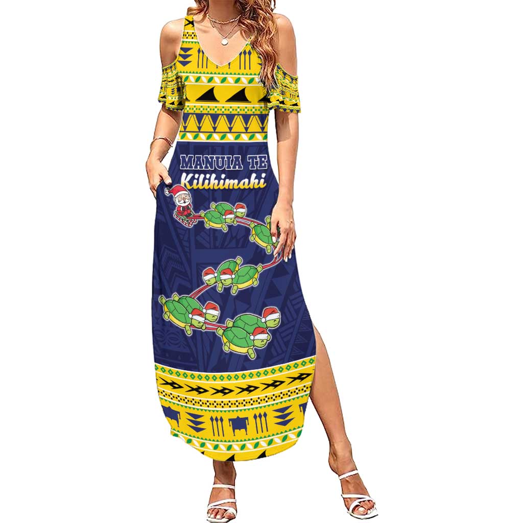 Tokelau Christmas Family Matching Summer Maxi Dress and Hawaiian Shirt Tokelauan Turtle Santa Sleigh LT05 Mom's Dress Yellow - Polynesian Pride