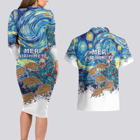New Zealand Christmas Couples Matching Long Sleeve Bodycon Dress and Hawaiian Shirt Kiwis Santa Sleigh Starry Night Style LT05 - Polynesian Pride