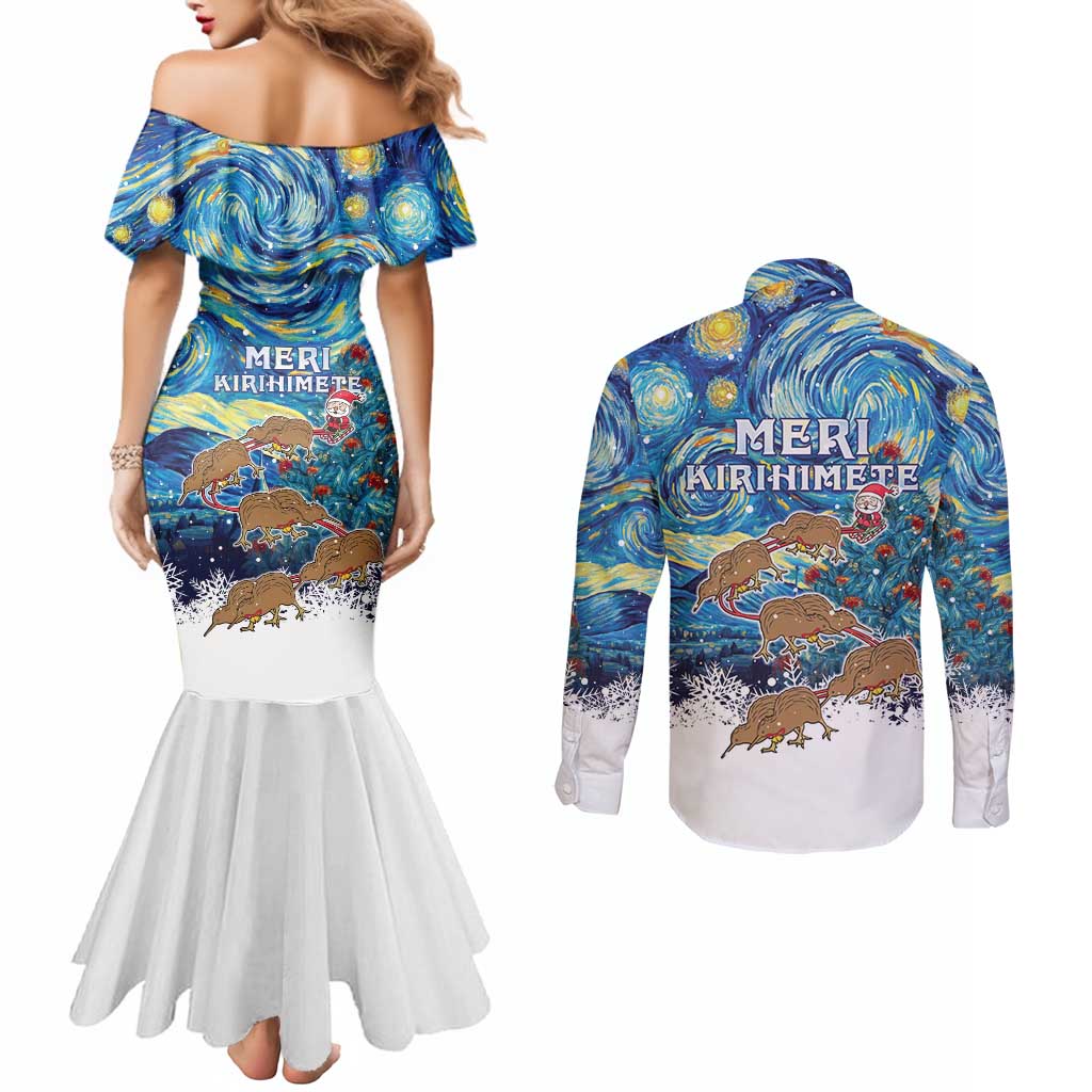 New Zealand Christmas Couples Matching Mermaid Dress and Long Sleeve Button Shirt Kiwis Santa Sleigh Starry Night Style LT05 - Polynesian Pride