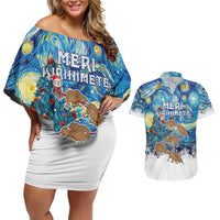 New Zealand Christmas Couples Matching Off Shoulder Short Dress and Hawaiian Shirt Kiwis Santa Sleigh Starry Night Style LT05 Blue - Polynesian Pride