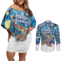 New Zealand Christmas Couples Matching Off Shoulder Short Dress and Long Sleeve Button Shirt Kiwis Santa Sleigh Starry Night Style LT05 Blue - Polynesian Pride