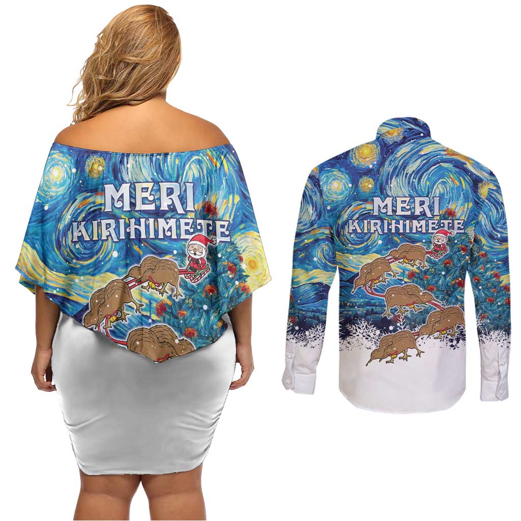 New Zealand Christmas Couples Matching Off Shoulder Short Dress and Long Sleeve Button Shirt Kiwis Santa Sleigh Starry Night Style LT05 - Polynesian Pride