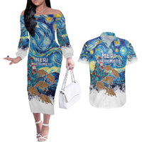 New Zealand Christmas Couples Matching Off The Shoulder Long Sleeve Dress and Hawaiian Shirt Kiwis Santa Sleigh Starry Night Style LT05 Blue - Polynesian Pride