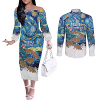 New Zealand Christmas Couples Matching Off The Shoulder Long Sleeve Dress and Long Sleeve Button Shirt Kiwis Santa Sleigh Starry Night Style LT05 Blue - Polynesian Pride