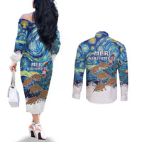 New Zealand Christmas Couples Matching Off The Shoulder Long Sleeve Dress and Long Sleeve Button Shirt Kiwis Santa Sleigh Starry Night Style LT05 - Polynesian Pride