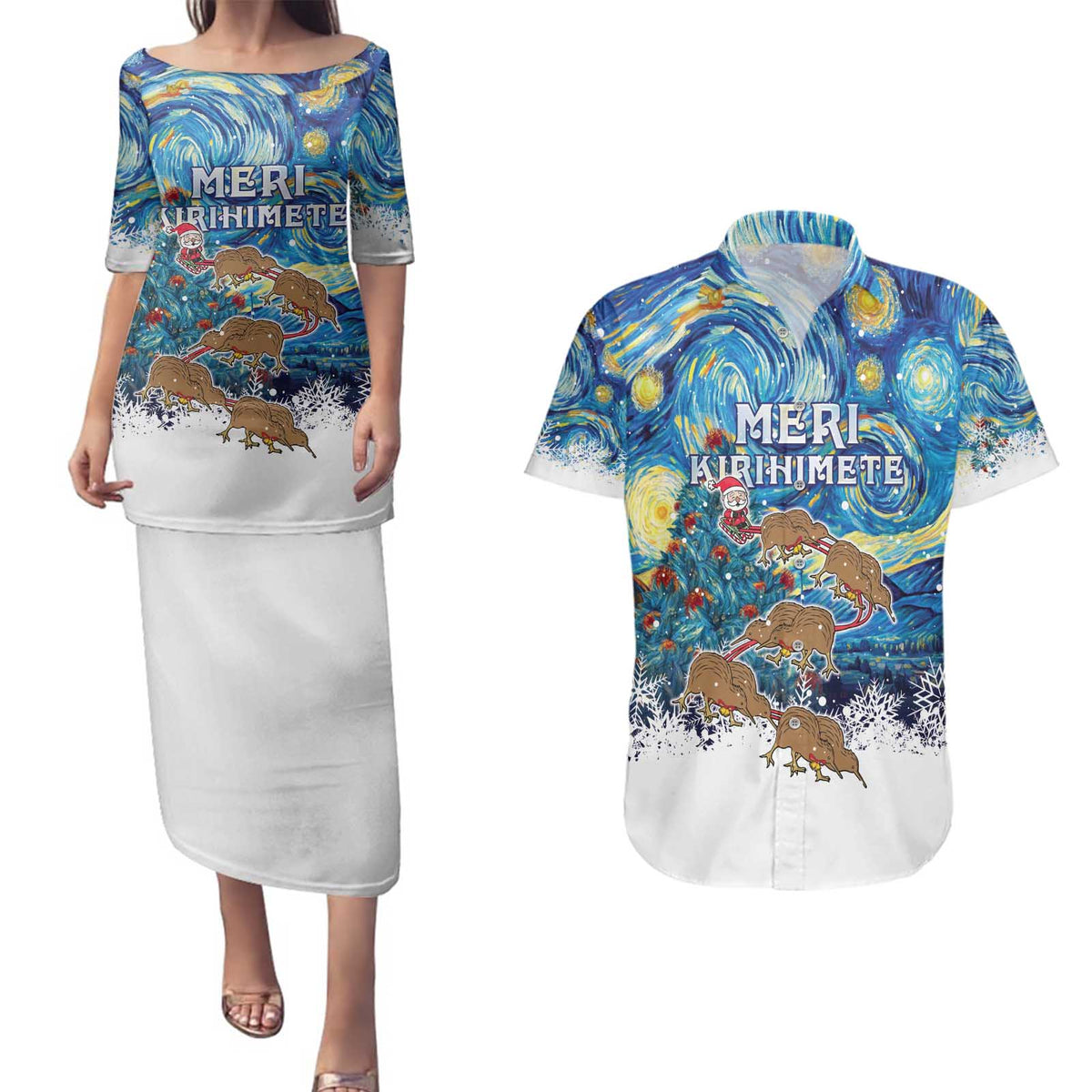 New Zealand Christmas Couples Matching Puletasi and Hawaiian Shirt Kiwis Santa Sleigh Starry Night Style LT05 Blue - Polynesian Pride
