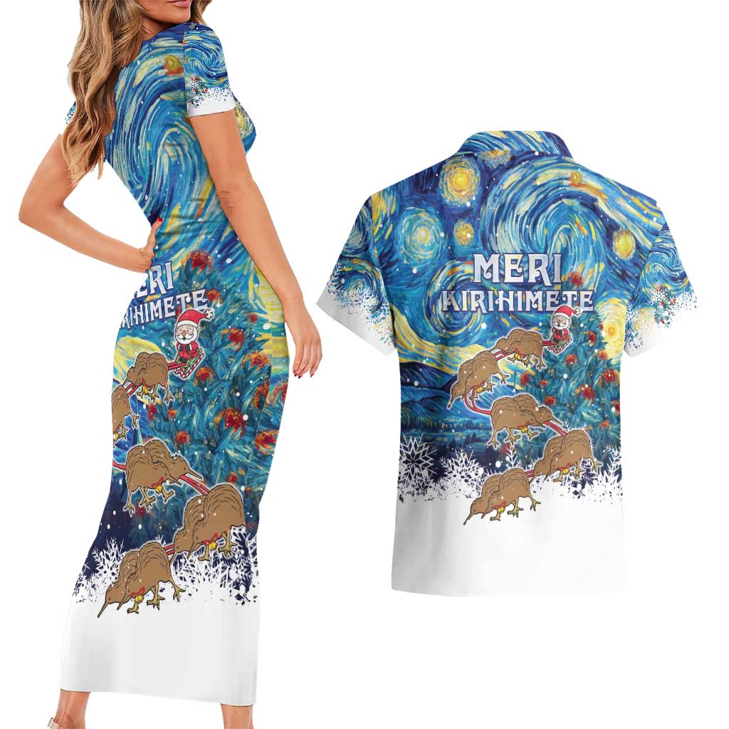 New Zealand Christmas Couples Matching Short Sleeve Bodycon Dress and Hawaiian Shirt Kiwis Santa Sleigh Starry Night Style LT05 - Polynesian Pride